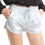 Women Hot Shiny Metallic Shorts Elastic Drawstring Summer Holographic Wet Look Booty Shorts Bottoms