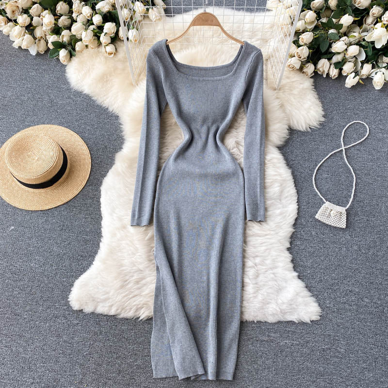 Autumn Winter Elegant Square Neck Long Sleeve Ribbed Knitted Dress Sexy Slit Bodycon Midi Dress