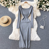 Autumn Winter Elegant Square Neck Long Sleeve Ribbed Knitted Dress Sexy Slit Bodycon Midi Dress