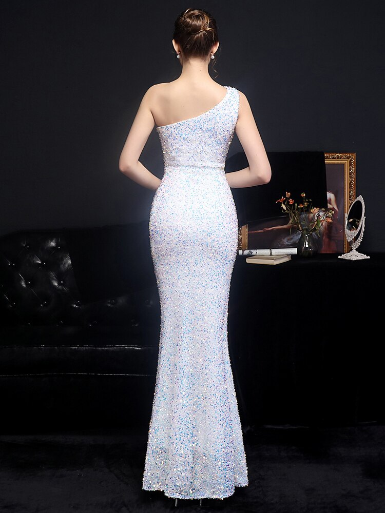Women Beads Party Maxi Dress Elegant One Shoulder Slit Pink Sequin Prom Dress
