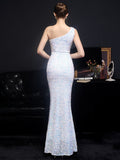 Women Beads Party Maxi Dress Elegant One Shoulder Slit Pink Sequin Prom Dress