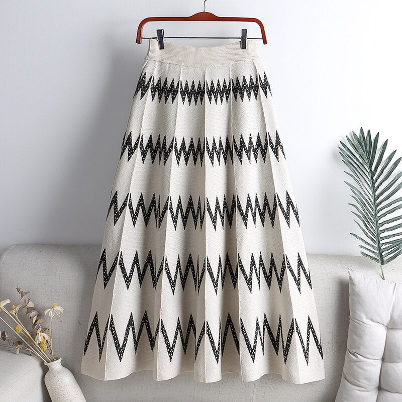 Elegant A Line Women Winter Casual Striped Knitted Skirts Elastic High Waist Casual Midi Long Skirt