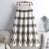 Elegant A Line Women Winter Casual Striped Knitted Skirts Elastic High Waist Casual Midi Long Skirt
