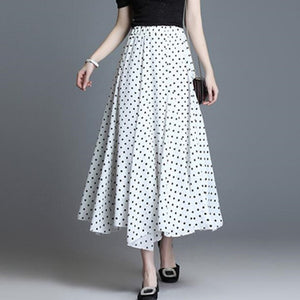Vintage Polka Dot A-line Pleated Long Summer Women Korean Streetwear Elastic Waist Midi Skirt