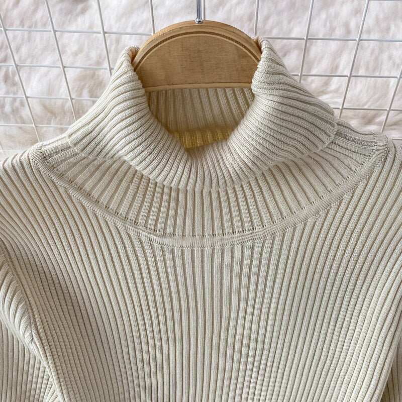 Autumn Winter Midi Dresses For Women Turtleneck Long Sleeve Solid Elegant Ribbed Knitted Dress Sexy Bodycon Dress