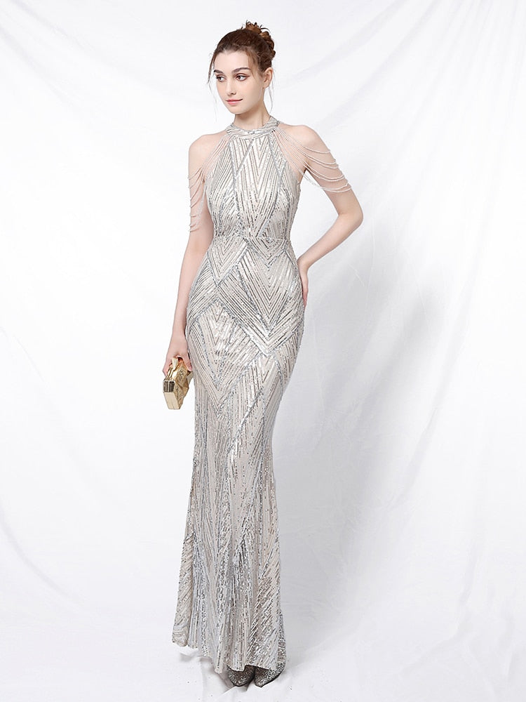 Elegant Halt Neck Diamond Sequin Embroider Formal Dress Mermaid Evening Dress Sleeveless Women Robe De Soriee Gold Vestidos