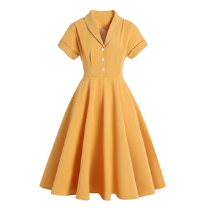 Turn Down Collar Button Up Yellow Elegant Office Women Summer Dress Solid Color 1950S Vintage Style Ladies Midi Dresses