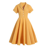Turn Down Collar Button Up Yellow Elegant Office Women Summer Dress Solid Color 1950S Vintage Style Ladies Midi Dresses