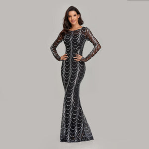 Autumn Winter O-Neck Wave Sequins See Though Women Maxi Dresses Elegant Long Sleeve Female Party Dresses Black Silver Pink