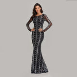 Autumn Winter O-Neck Wave Sequins See Though Women Maxi Dresses Elegant Long Sleeve Female Party Dresses Black Silver Pink