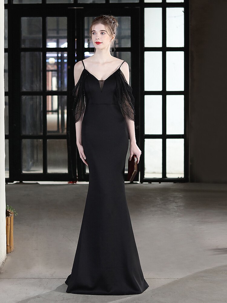 Bishop Sleeve Off The Shoulder V Neck Evening Dress Mermaid Backless Gowns Taffetal Elegant Party Robes Women Occation Vestidoes