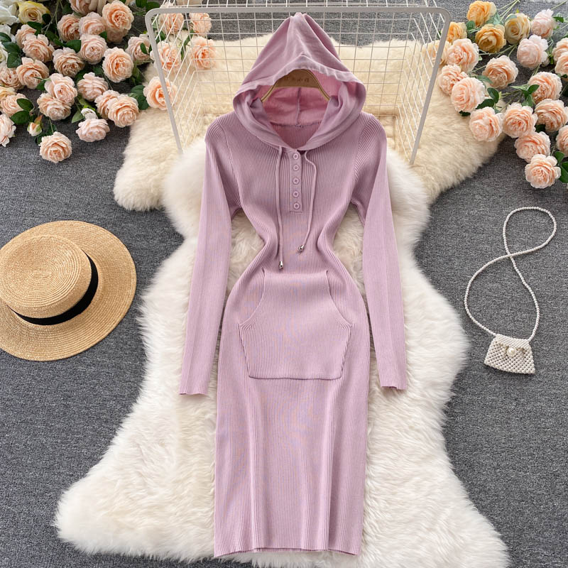 Knitted Bodycon Dress Kangaroo Pocket Hooded Long Sleeve Casual Winter –  jetechband