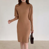 Autumn Winter Fashion Sexy Half High Neck Women's Mini Knit Dress Casual Bodycon Solid Long Sleeve Ladies Dress