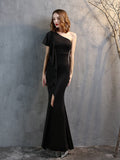 One-shoulder Elegant Long Night Party Dress Christmas Festival Evening Vestidoes Side Slit Lotus Short Sleeve Taffeta Prom Gown