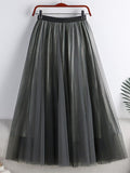 Women Street Style Contrast Color Patchwork Tulle Skirt Elastic High Waist Metallic A Line Mesh Midi Skirt