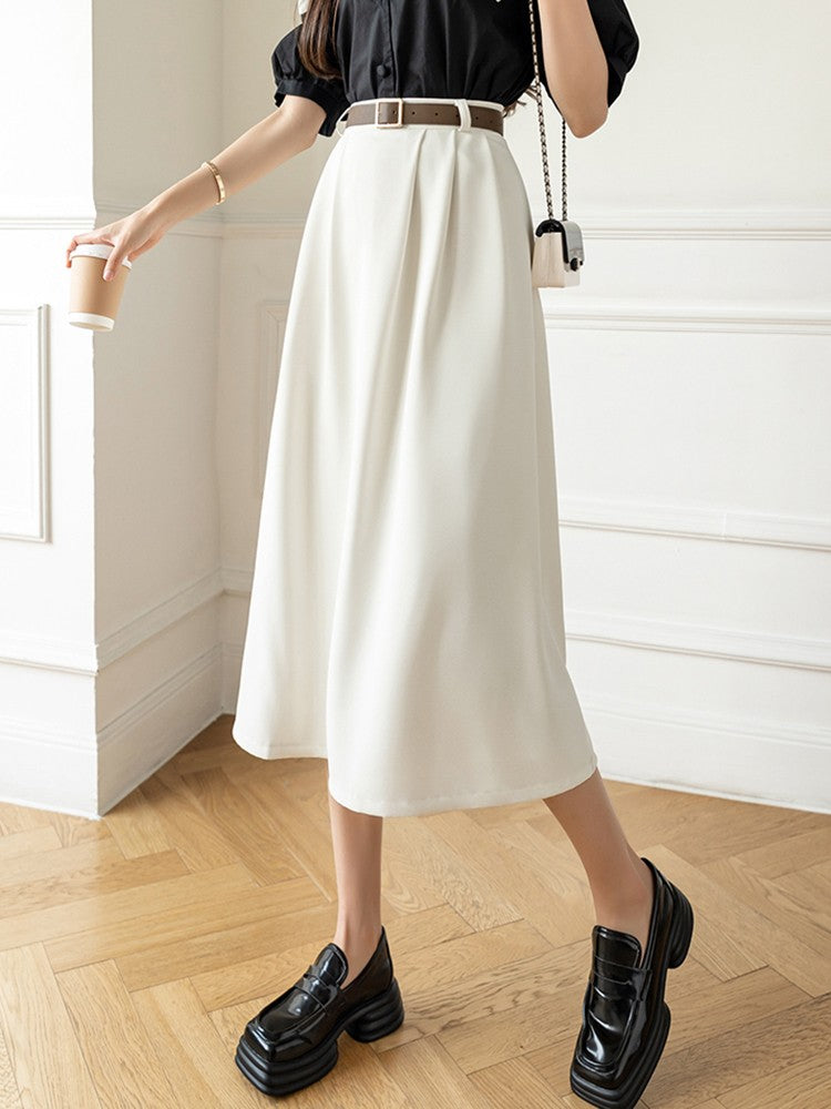 High Waist Casual Women Korean Style Solid Color All-match Ladies Elegant A-line Long Skirt