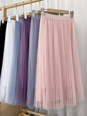 Summer Women Solid Casual Tulle Elastic High Waist Elegant Mesh Pleated Skirt