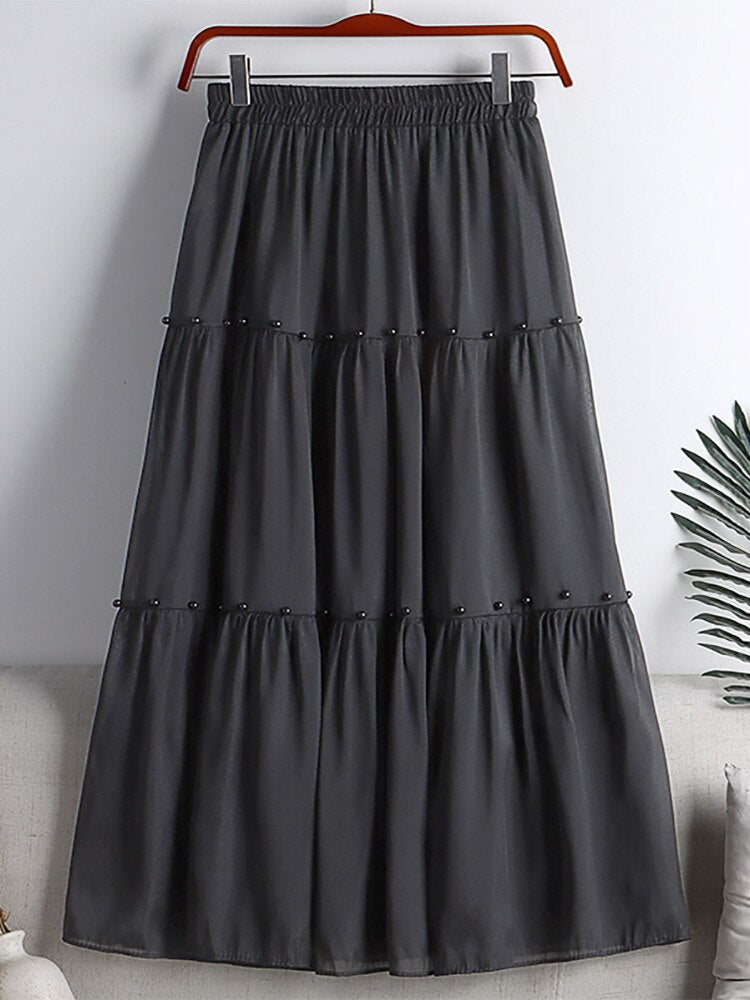 Fashion Faux Pearl Rhinestone Beaded Tiered Midi Skirt Elastic High Waist Solid Casual A Line Skirt