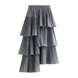 Autumn Summer Long Vintage Women Ruffles Spring Solid Casual Loose Elastic Waist Skirts