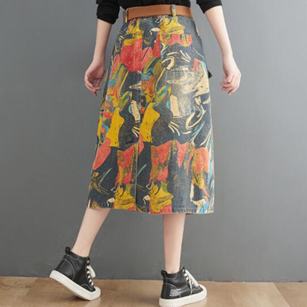 Summer New Ladies Denim Maxi Skirt Loose Pocket Retro Painting Mid-Calf Long Jean Skirt