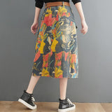 Summer New Ladies Denim Maxi Skirt Loose Pocket Retro Painting Mid-Calf Long Jean Skirt