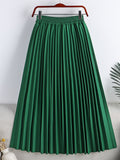 Women Elegant Elastic High Waist Basic Pleated Skirt Solid Casual A Line Summer Midi Skirt