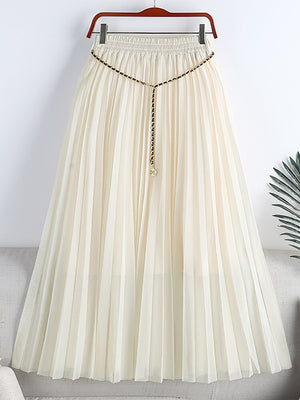 A Line Mesh Midi Skirt With Chain Belt Elastic High Waist Solid Casual Pleated Skirt