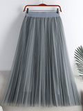 Spring Summer Women Solid Casual A Line Elegant Elastic High Waist Tulle Pleated Skirt