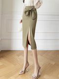 Office Lady Elegant Korean Style Bowknot Solid Color High Waist Women Pencil Skirt