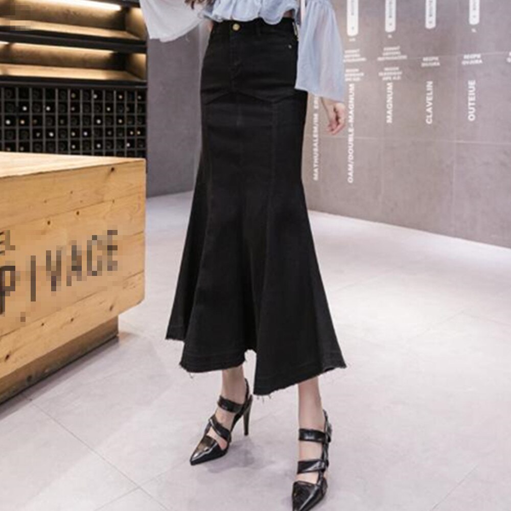Ruffle Trumpet Vintage Long Summer Girls High Waist Fishtail Jeans Bodycon Maxi Denim Skirts