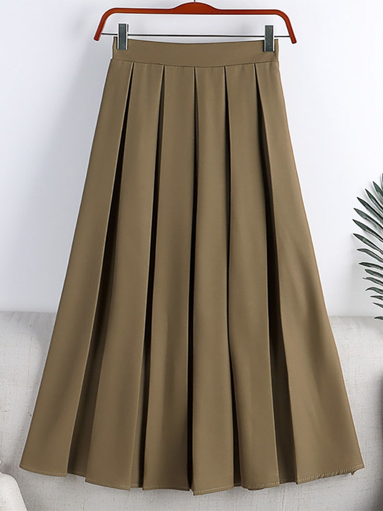 Office Lady Elegant Pleated Skirt Elastic High Waist Solid Casual A Line Midi Skirt