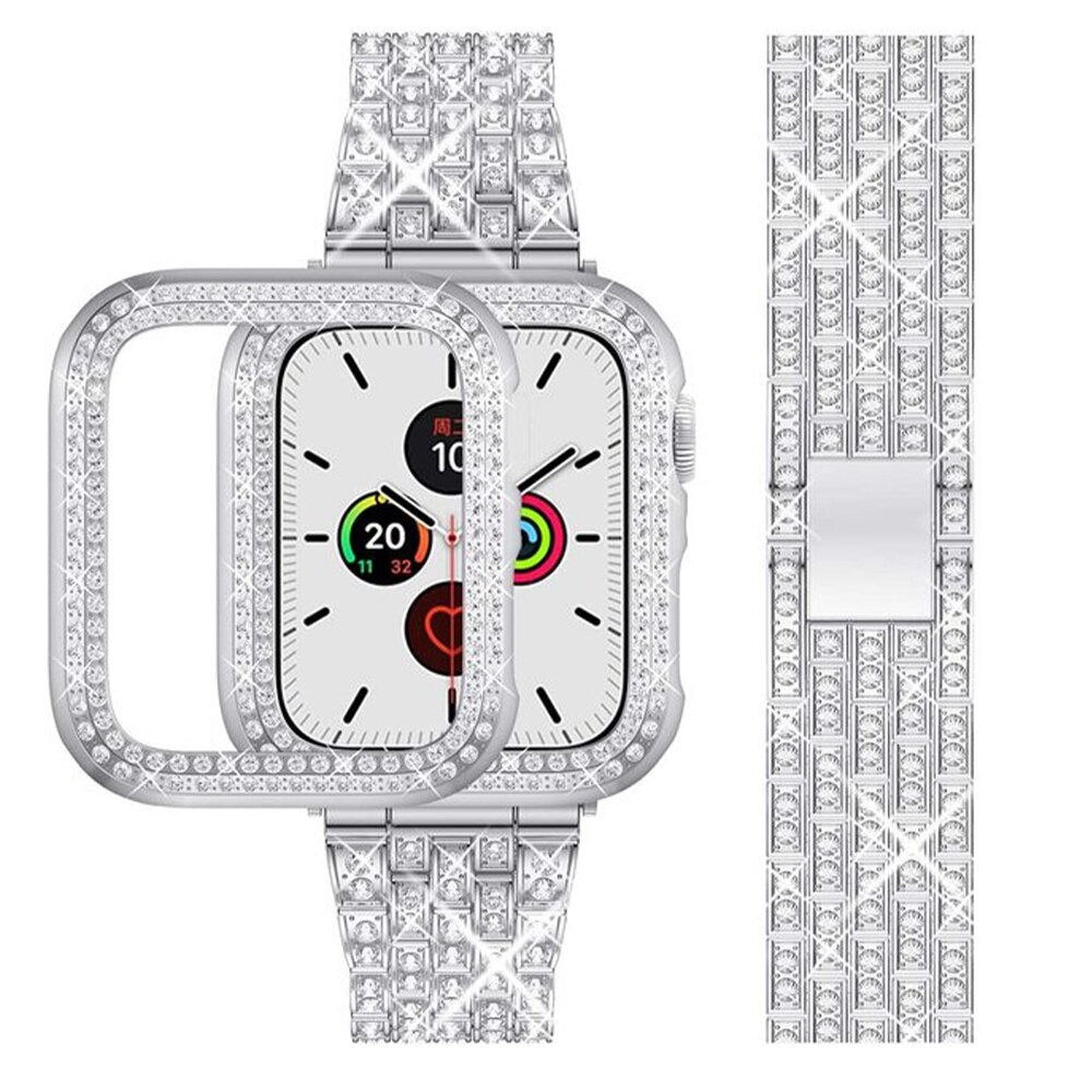 Womens Diamond Case + Strap for Apple Watch Band 7 6 41mm 45mm 38/42/40/44mm Metal Bracelet for iWatch Series SE 3 Jewelry Cover