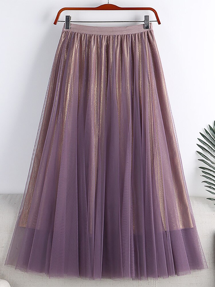 Mid Calf Long Women Metallic Shimmer Tulle Skirt Elastic High