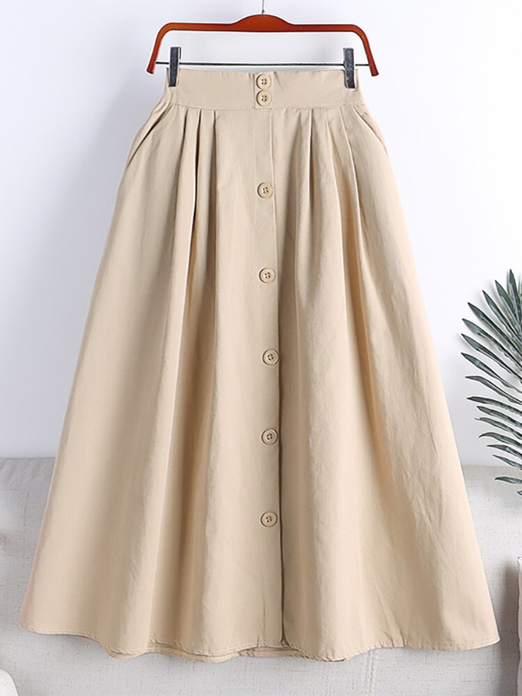 Spring Summer Front Buttons Big Swing A Line Side Pockets Elastic High Waist Casual Midi Skirt
