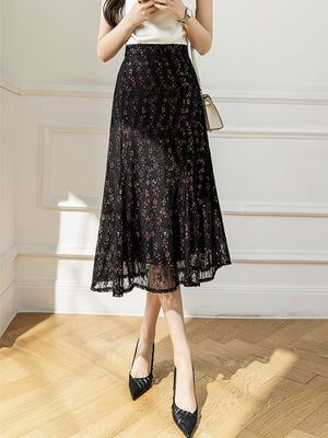 High Waist Lace Women Summer Korean Style Vintage All-match Office Lady Elegant Long Skirt
