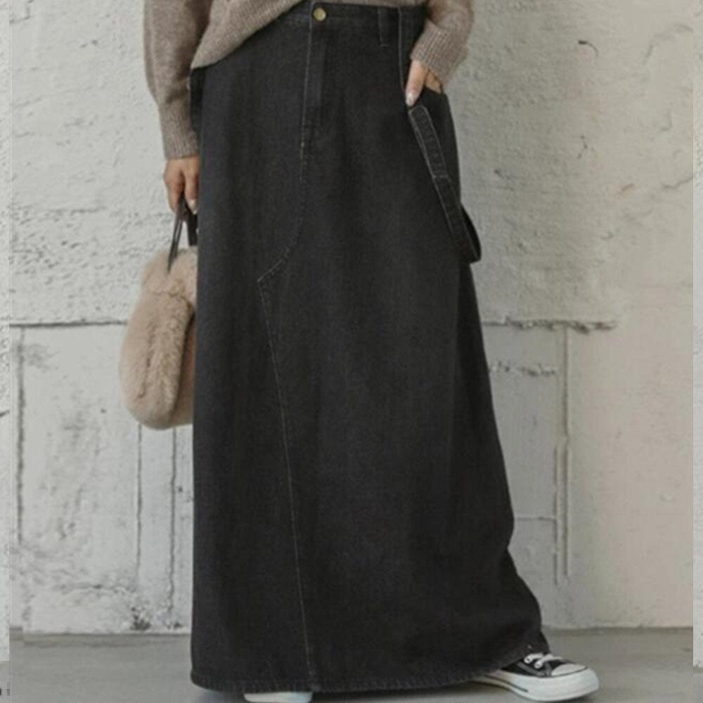 Denim Suspender Women High Waist A Line Pleated Casual Summer Long Jean Two Shoulder Strap Skirts