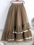 Elegant Frill Trim Mesh Patchwork Pleated Midi Long Elastic High Waist Asymmetric Tulle Skirt