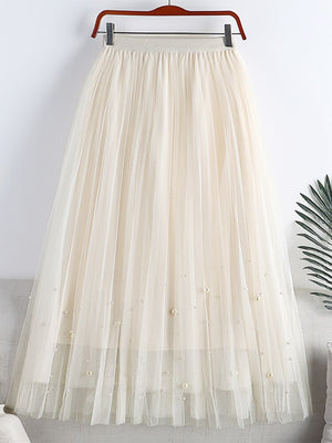 Women Fashion Faux Pearl Beaded Tulle Pleated Midi Skirt Casual Elastic High Waist Skirts