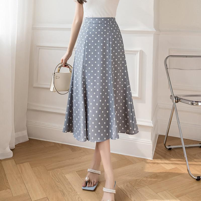 Women Casual Long Spring Korean Style All-match Polka Dots High Waist Ladies Elegant A-line Skirt