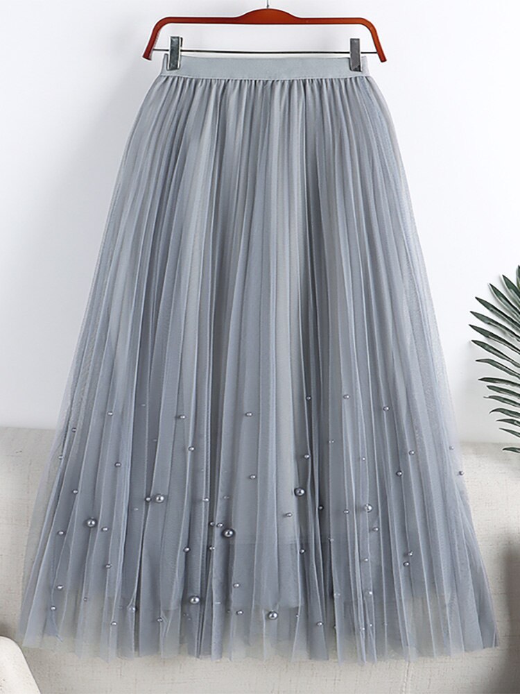 Women Fashion Faux Pearl Beaded Tulle Pleated Midi Skirt Casual Elastic High Waist Skirts