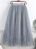 Women Fashion Faux Pearl Beaded Tulle Pleated Midi Skirt Casual Elastic High Waist Skirts