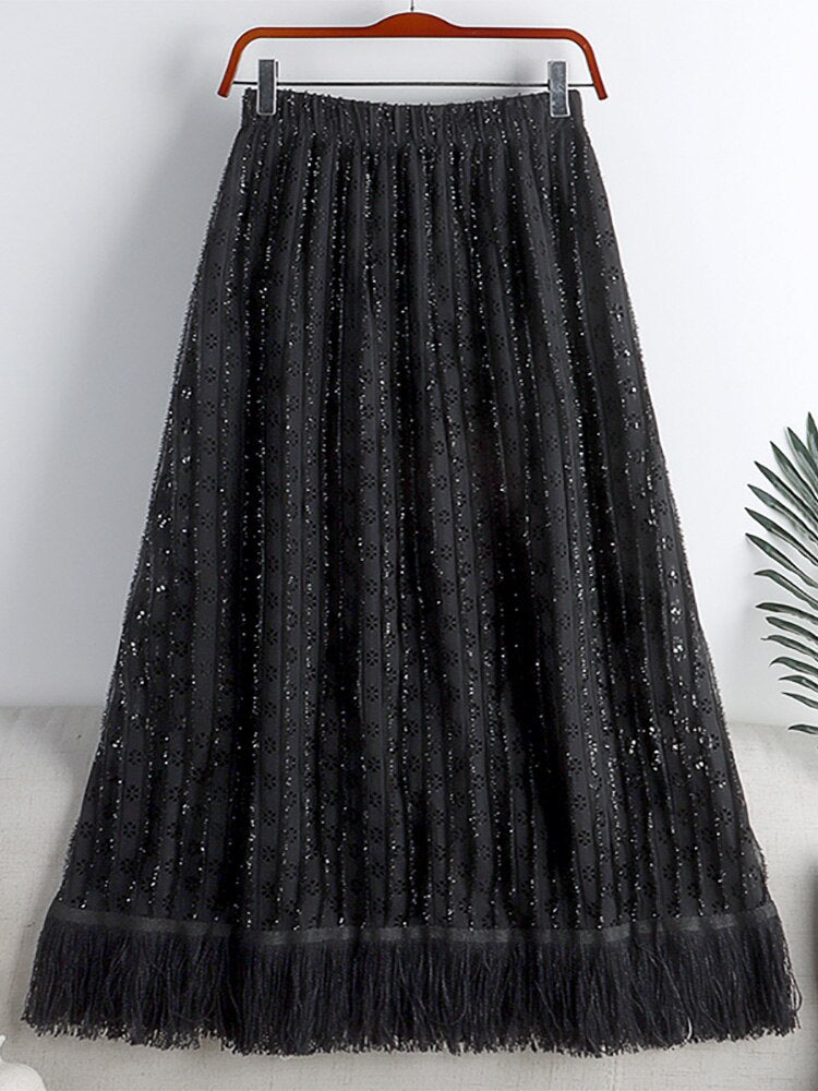 Spring Women Glitter Openwork Embroidery Skirt Elastic High Waist Fringe Hem A Line Midi Skirt