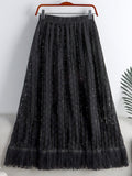 Spring Women Glitter Openwork Embroidery Skirt Elastic High Waist Fringe Hem A Line Midi Skirt
