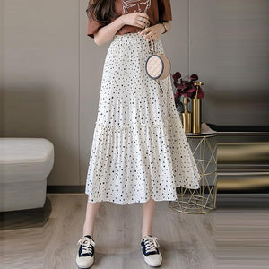 Women Chiffon Casual Spring Korean Style Polka Dots Print All-match Loose Ladies Elegant A-line Long Skirt