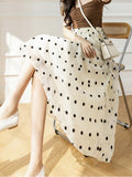 Summer Bohemian Style Elastc Wasit A-line Dot Skirt With Pockets Elegant Women Mid-calf Mesh Skirts