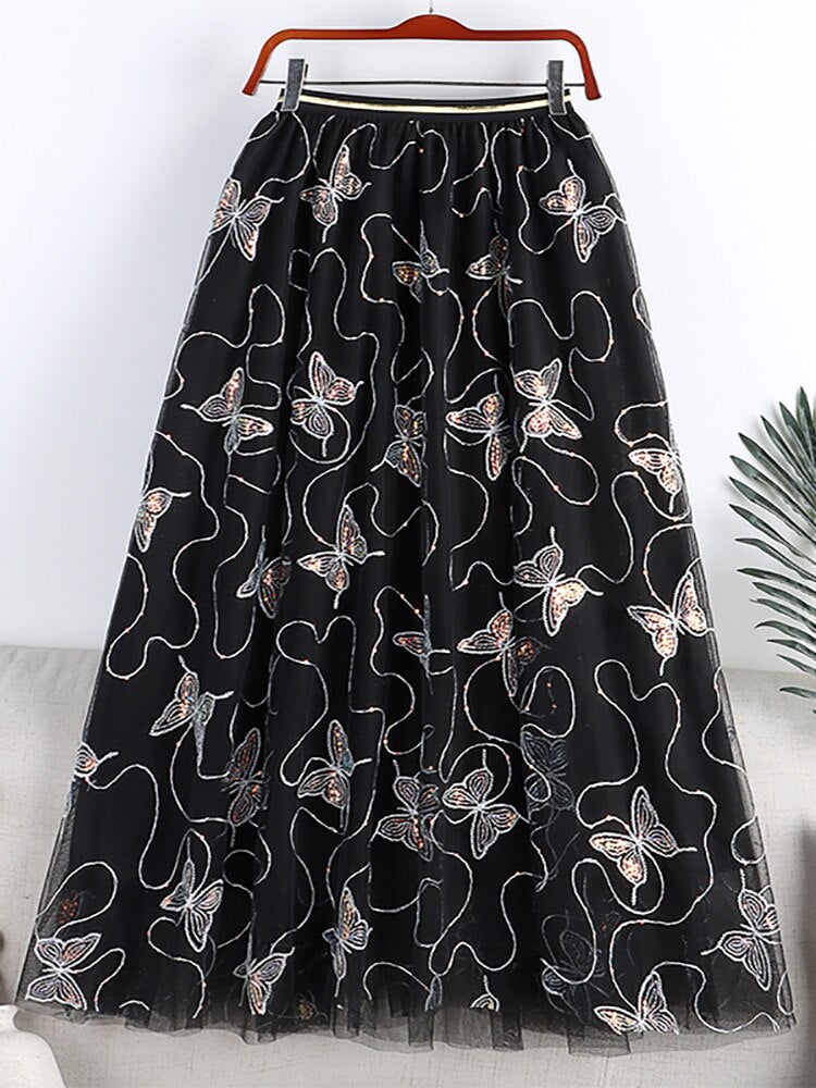 Butterfly Embroidery Sequined Sweet Tulle Skirt Elastic High Waist A Line Mesh Midi Skirt