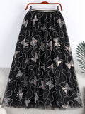 Butterfly Embroidery Sequined Sweet Tulle Skirt Elastic High Waist A Line Mesh Midi Skirt