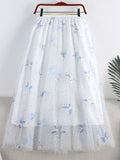 Butterfly Embroidery Sequined Sweet Tulle Skirt Elastic High Waist A Line Mesh Midi Skirt