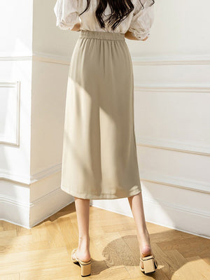 High Waist A-line Women Summer Korean Style Solid Color All-match Ladies Elegant Long Skirt