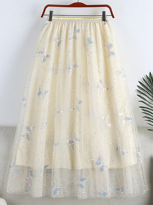Butterfly Embroidery Sequined Sweet Tulle Skirt Elastic High Waist A Line Mesh Midi Skirt